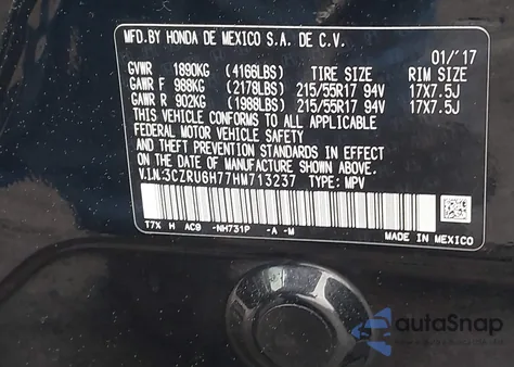 2017 Honda Hr-V Ex-L z USA, uszkodzony, nr VIN 3CZRU6H77HM713237